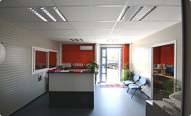 Small modern office reception with front desk, visitor chairs, large windows, and red accent panels, creating a professional and welcoming environment.
