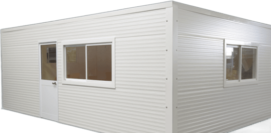 White corrugated metal modular building with windows and a door, designed as a portable office or storage space in industrial environments.
